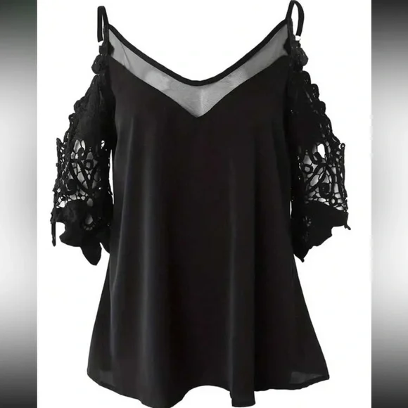 Boho Sheer Mesh Crochet Lace Cold Off Shoulder Top Blouse Shirt Black New - Picture 3 of 3